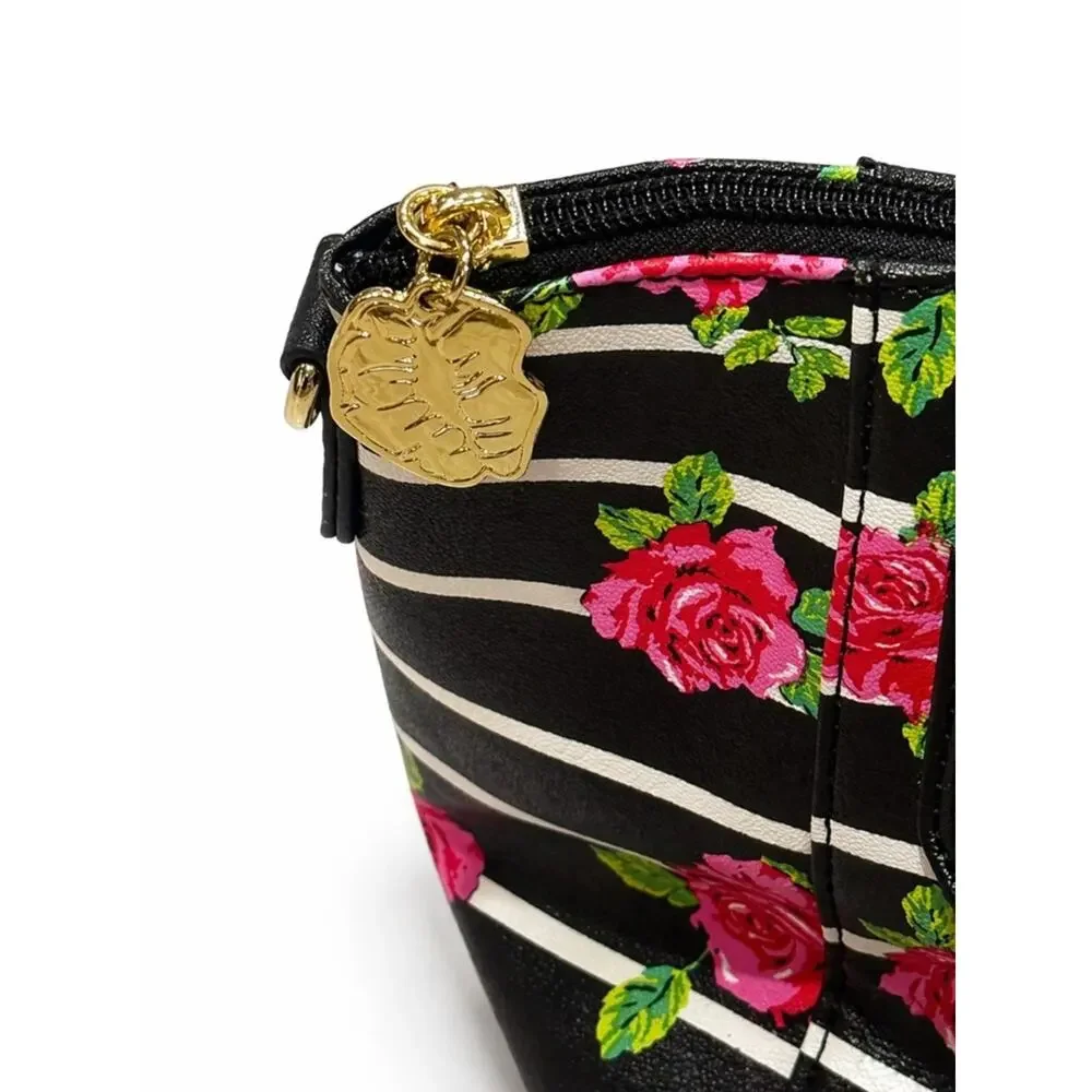 Betsey Johnson Floral Stripe Satchel Black Pink Rose Mini Handbag Y2K